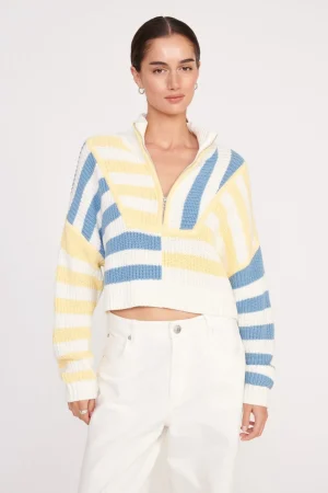 STAUD Knits<CROPPED HAMPTON SWEATER  BUTTERCUP SEASHORE STRIPE