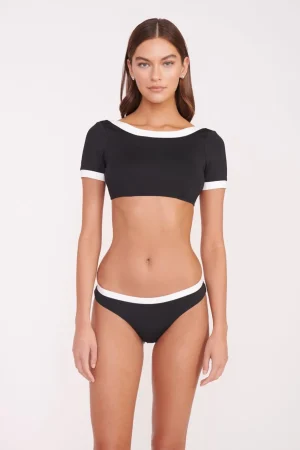 STAUD Bikinis<LILY SHORT SLEEVE BIKINI TOP BLACK WHITE